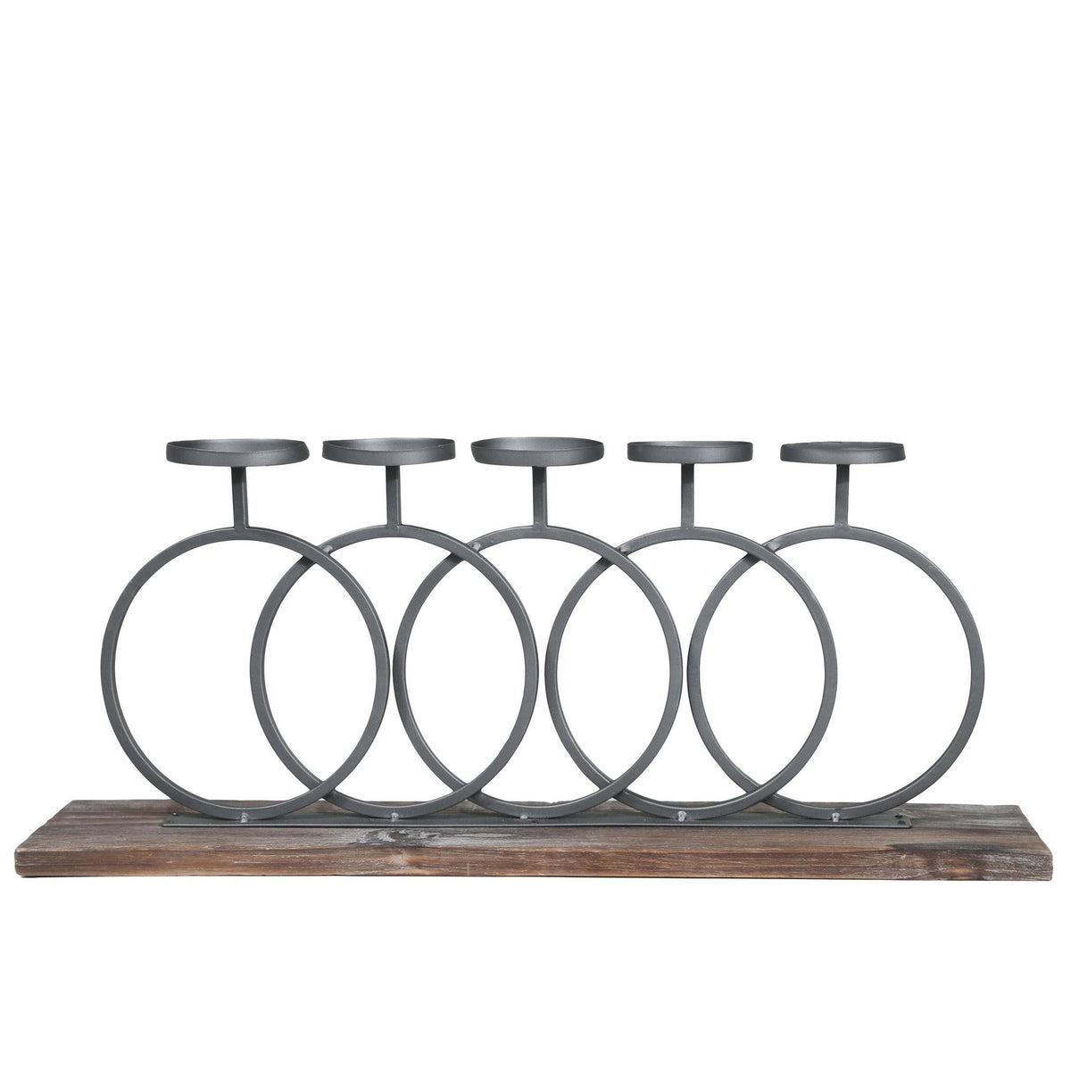 Gray and Brown Wood and Metal Candle Holder with Interlocking 5 Rings W2975