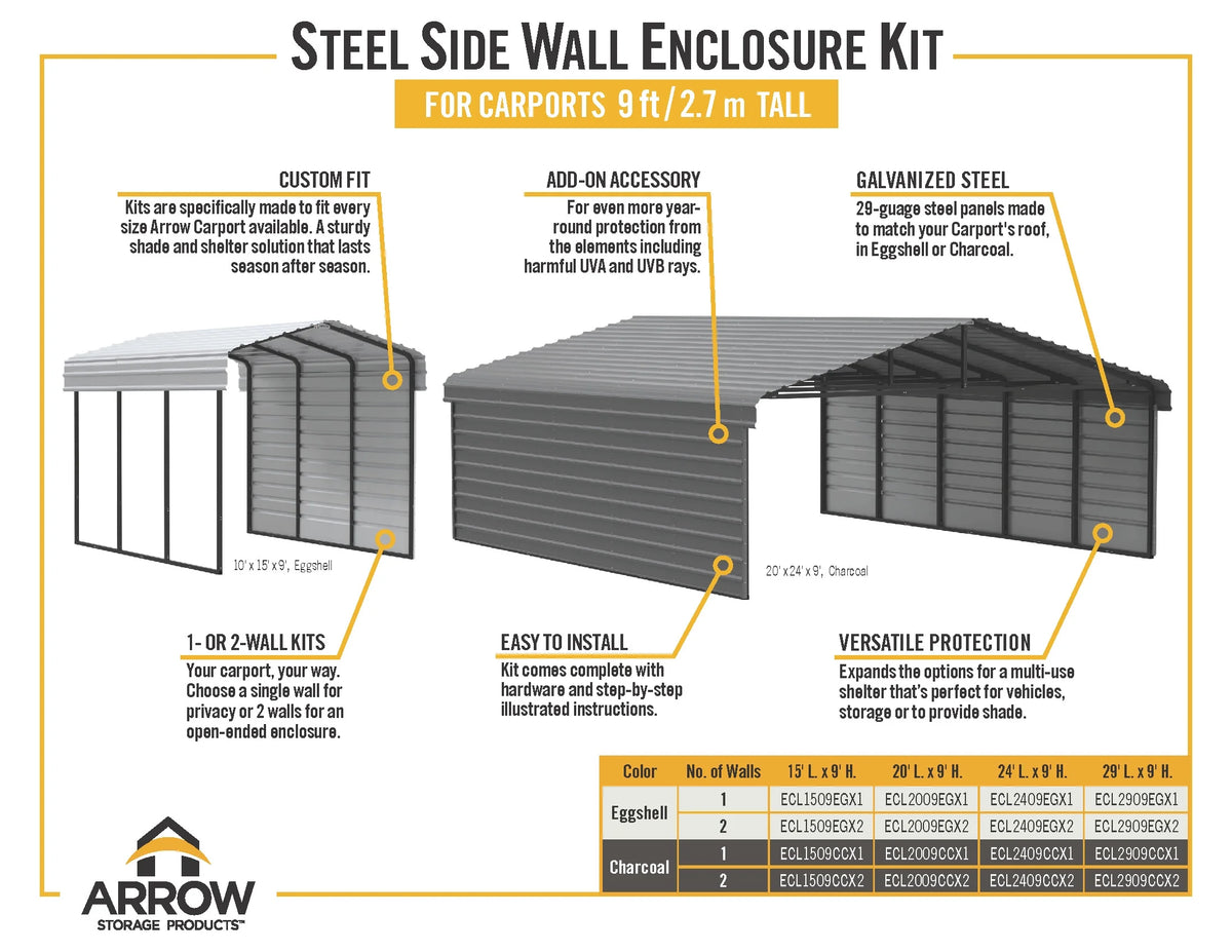Galvanized Steel Carport Kit, 12' x 20' x 9', Charcoal W363