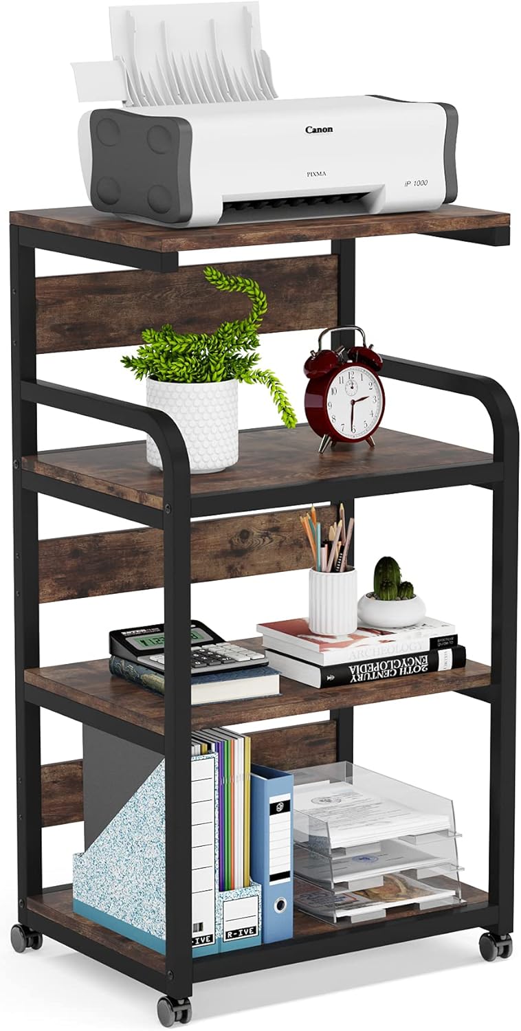White 4-Shelf Mobile Printer Stand with Storage Shelves on Wheels F179144