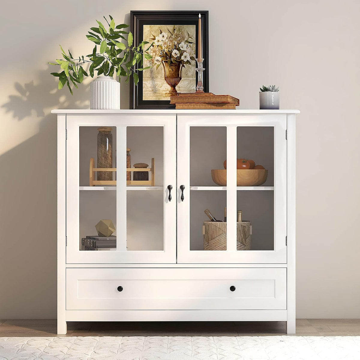 White Storage Cabinet with Double Glass Doors and Drawer D96206