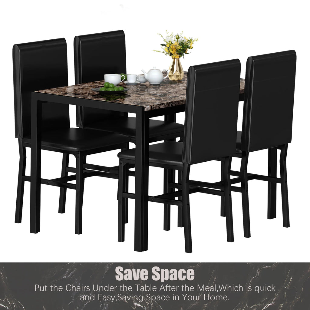 5 Piece Faux Marble Rectangular Dining Table Set with 4 Upholstered Metal Chairs W9041