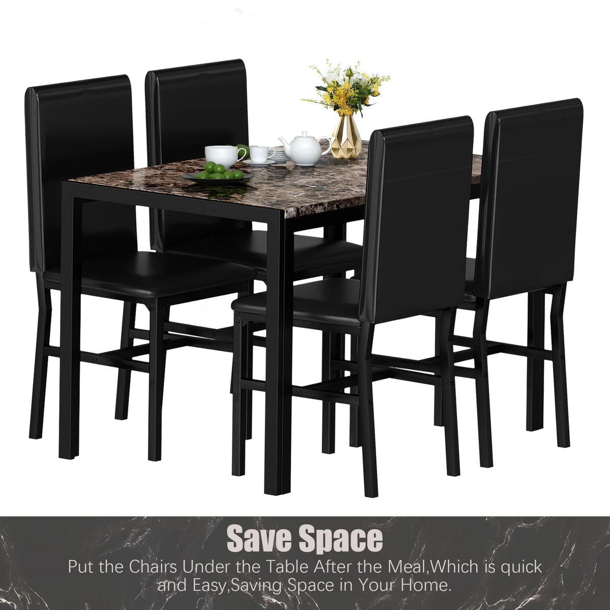 5 Piece Faux Marble Rectangular Dining Table Set with 4 Upholstered Metal Chairs W9041