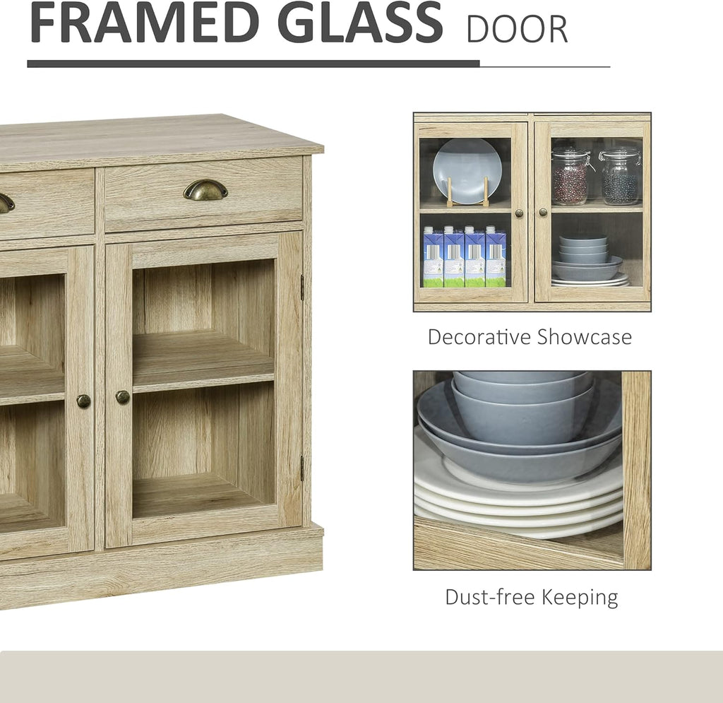 Rustic Oak Sideboard Storage Cabinet with 2 Glass Doors and 2 Drawers O86163