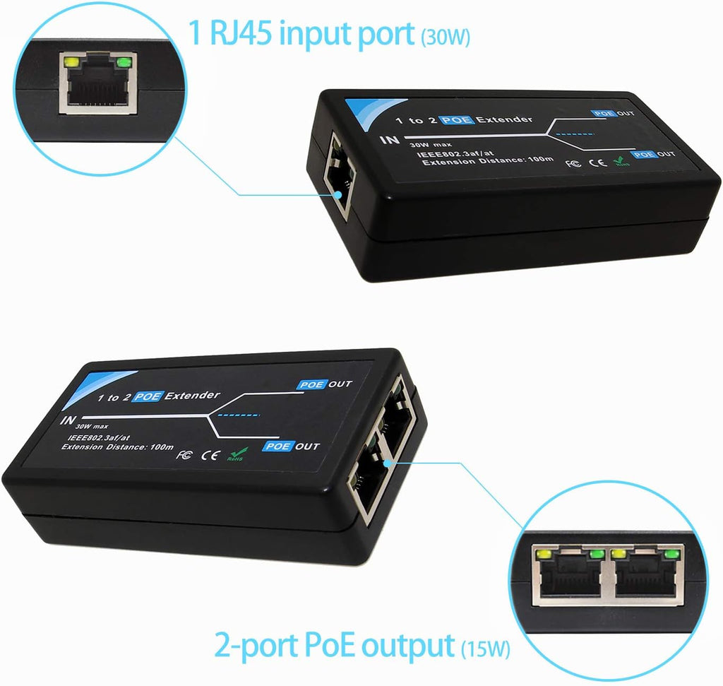 2 Port POE Extender Repeater 100 Meters 1 in 2 Out 10,100Mbps for Security POE Camera Over Cat5/Cat6 Cables A25893
