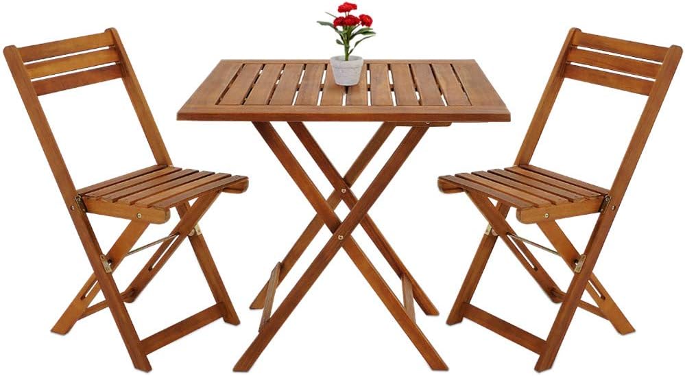 Wooden 3-Piece Bistro Set Folding Chairs and Square Acacia Wood Coffee Table U520