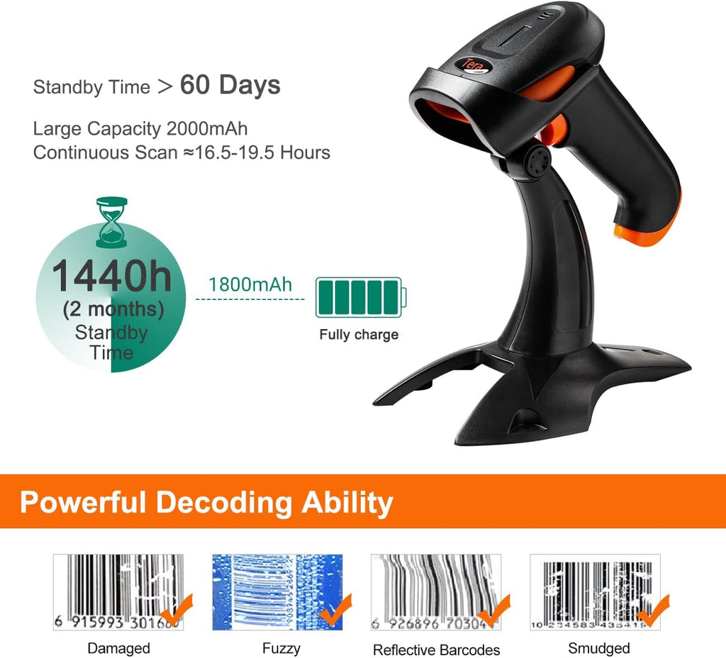 2D QR Barcode Scanner with Stand, Bluetooth & 2.4GHz Wireless & USB Wired, Pack of 2 Y545