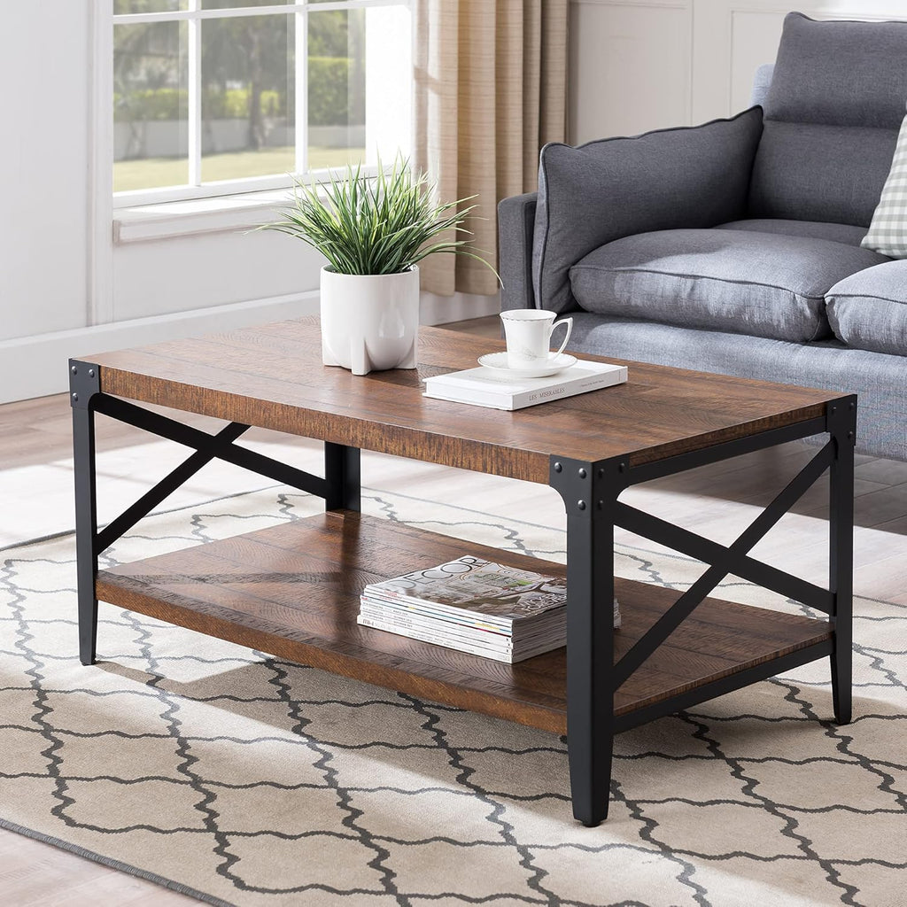 Dark Rustic Oak TV Stand with Metal Frame P96369