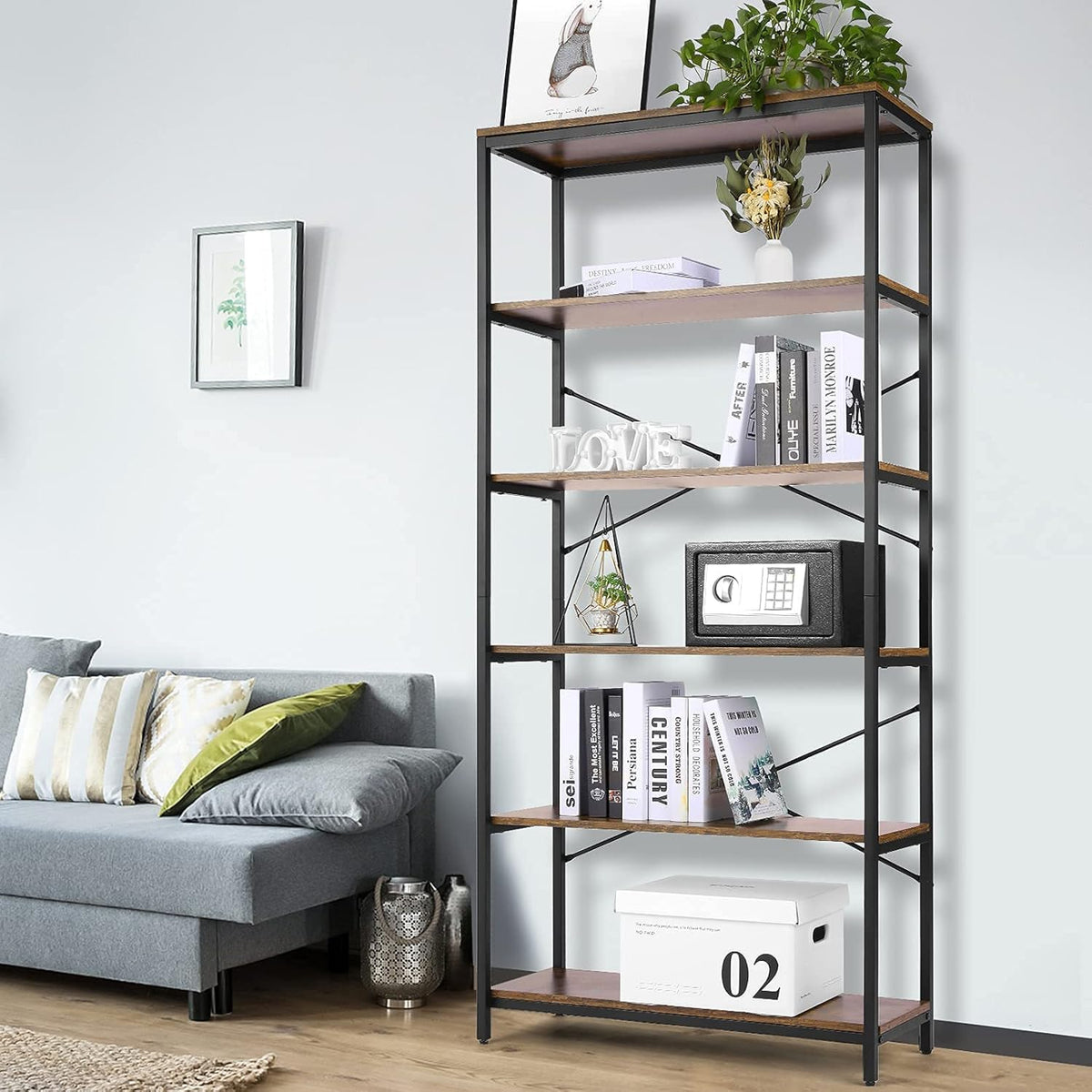 6 Tier Tall Bookcase with Anti-tip Kit Black Metal Frame D407609