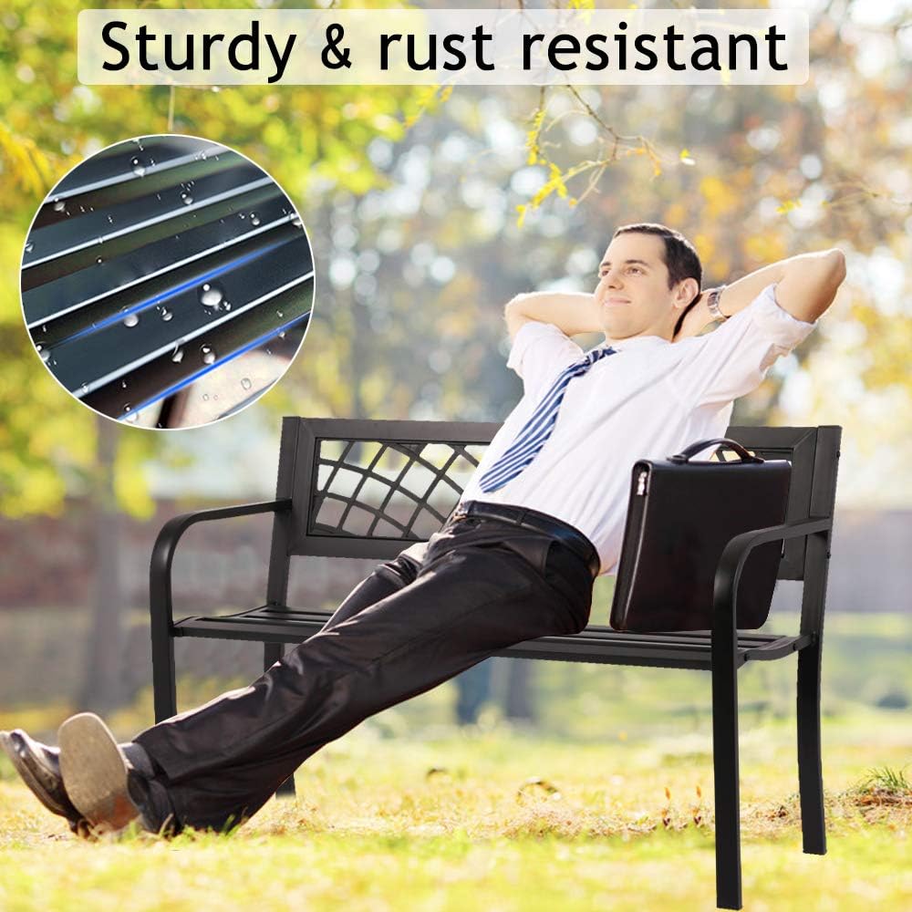 Black Metal Cast Iron Patio Bench with Armrests L328