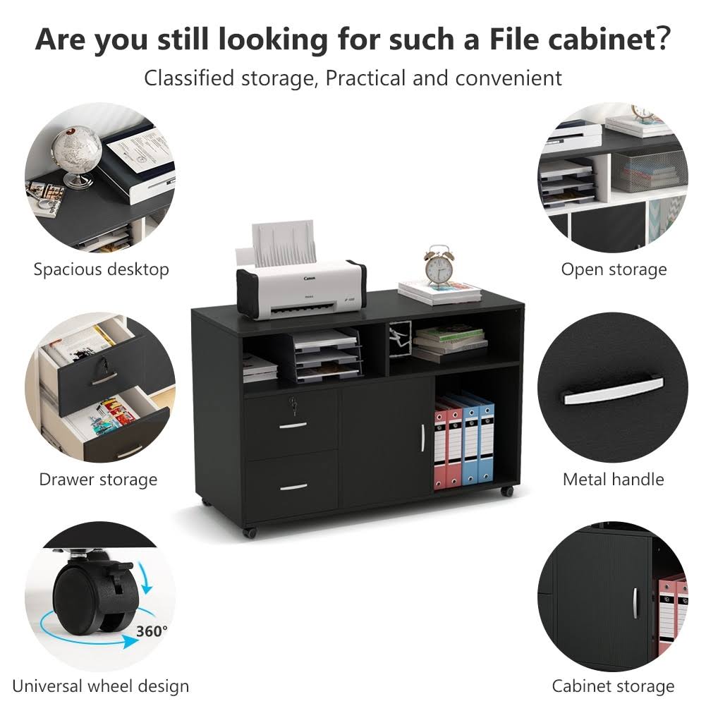 Black 2 Drawer Mobile Lateral File Cabinet with Storage Shelf Z94138