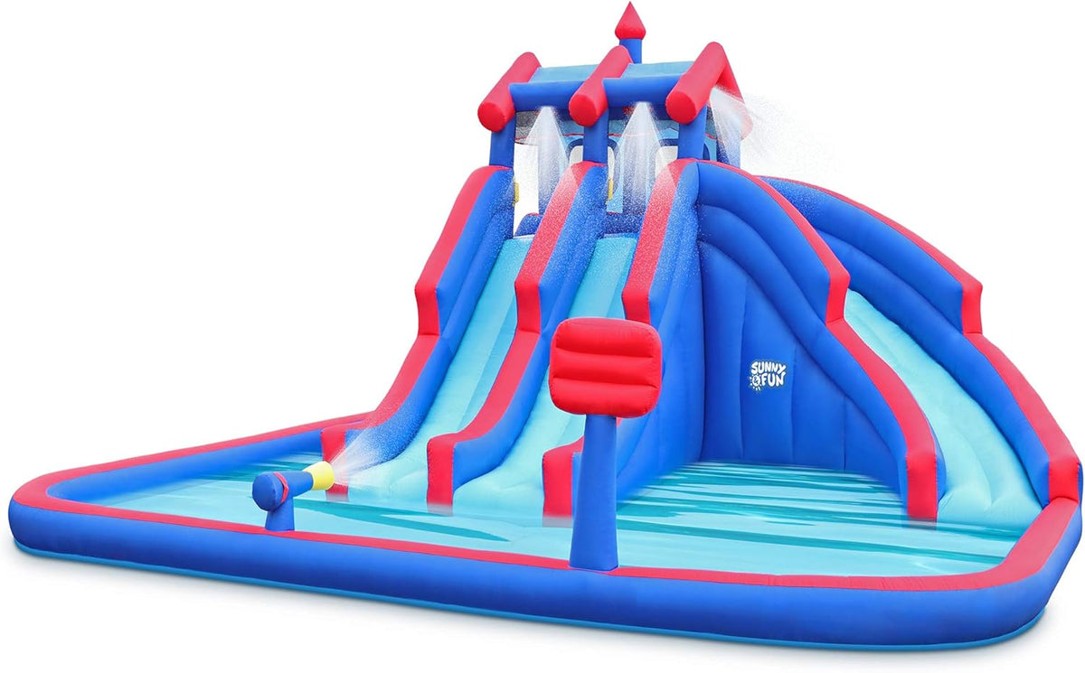 Mega Sport Inflatable Water Triple Slide Park with Climbing Wall, 3 Slides & Splash Pool F375