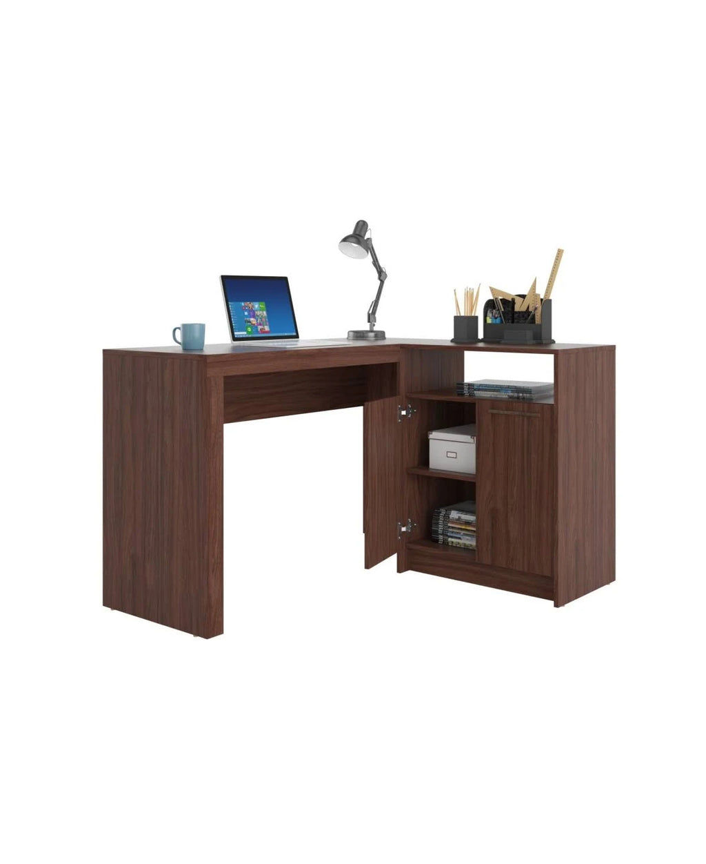 White L-Shaped Office Desk with Cabinet H6551