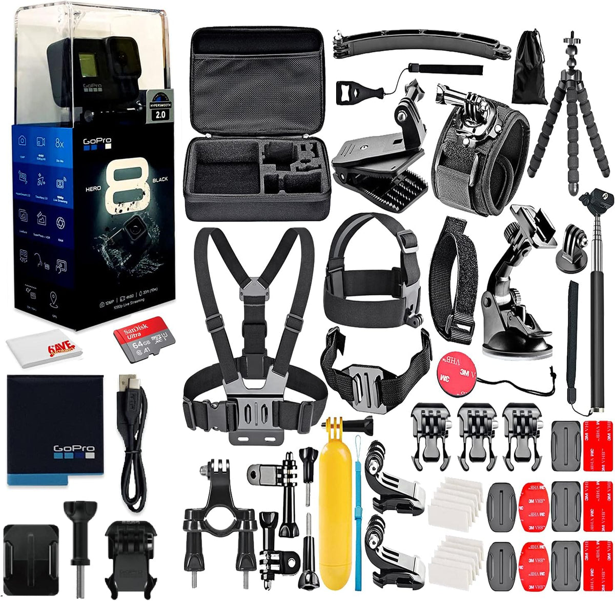 HERO8 Black Digital Action Camera - Waterproof, Touch Screen, 4K UHD Video, 12MP Photos, Stabilization - 16GB Card - with 50 Piece Accessory Kit P41967