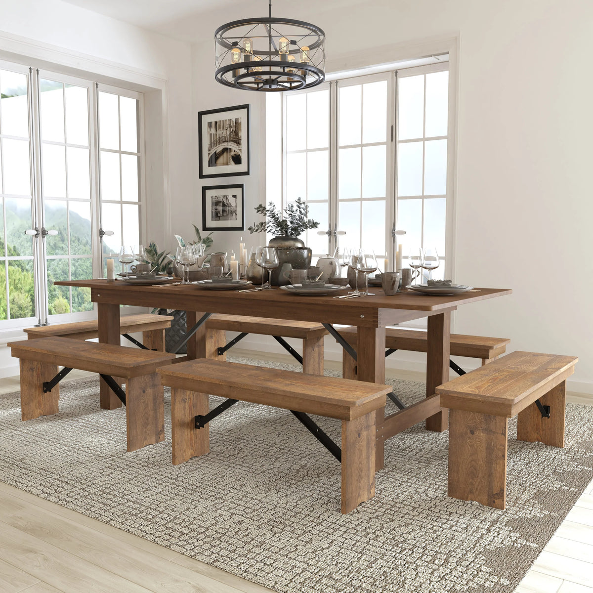 Antique Rustic Folding Farm Table and Six Bench Set P764