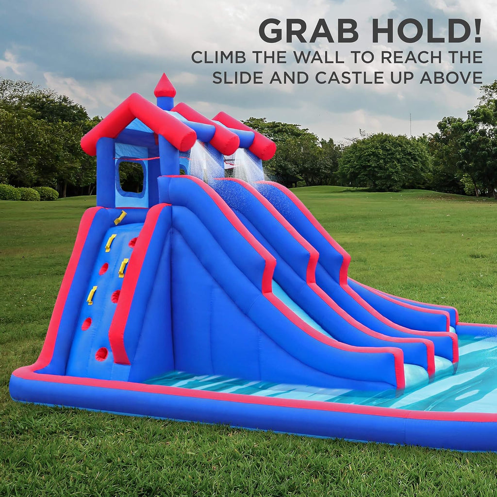 Mega Sport Inflatable Water Triple Slide Park with Climbing Wall, 3 Slides & Splash Pool F375