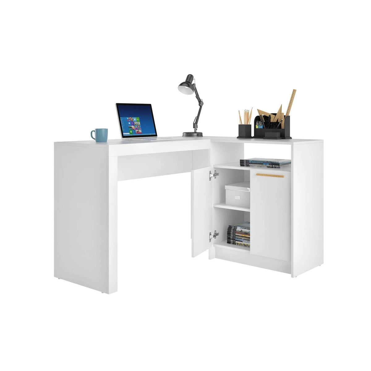 White L-Shaped Office Desk with Cabinet H6551