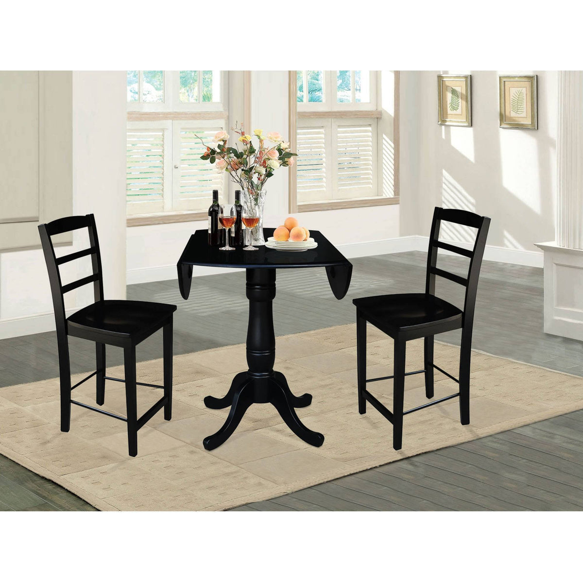 Round Pedestal Gathering Height Table with 2 Counter Height Stools, Black N504