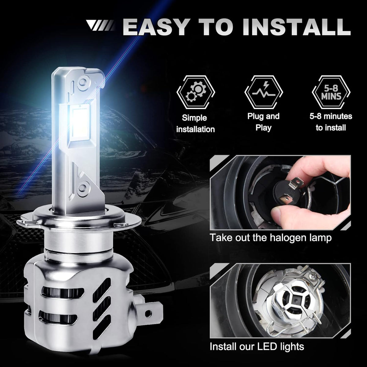 6000K Cool White H7 LED Headlight Bulbs Pack of 2 U2731