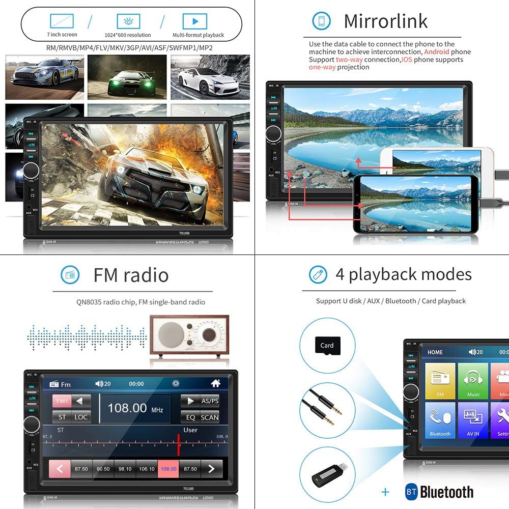 7 Inch Double Din Bluetooth Car Stereo Receiver with Rear View Camera E267095
