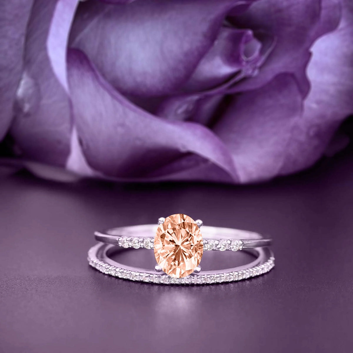 2.00 Carat Oval Cut Morganite And Diamond Moissanite Engagement Ring Set in 925 Sterling Silver With 18k White Gold Plating D105920