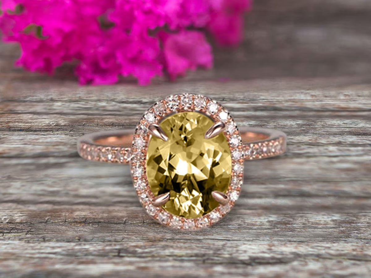 10k Rose Gold 2 Carat Champagne Diamond Moissanite Halo Engagement Ring Oval Cut Y21996