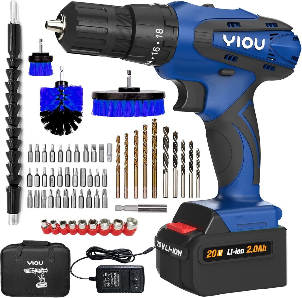 20V Cordless Drill/Driver Kit with Battery and Charger, 56pcs ACC & Tool Bag, Power Drill Set with 3/8 Keyless Chuck, 18+3 Clutch, 310 In-lb Torque A5210