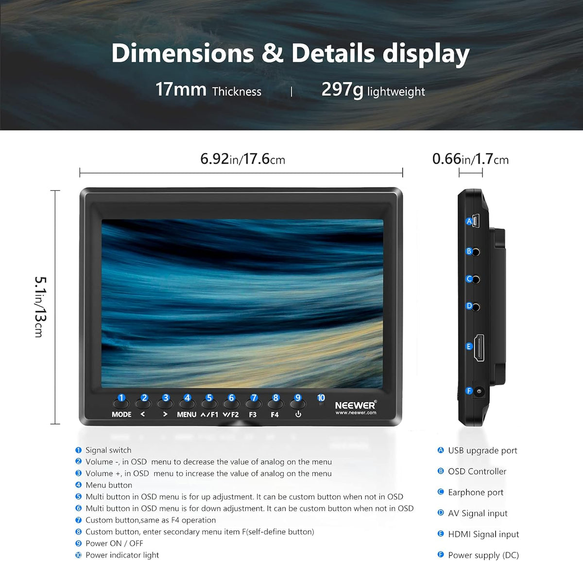 7 Inch 1280x800 4K HDMI Input Camera Field Monitor with 2600mAh Battery G94597