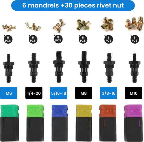 16" Rivet Nut Tool Kit with 6 Metric and SAE Mandrels, 30PCS Rivet Nuts P771