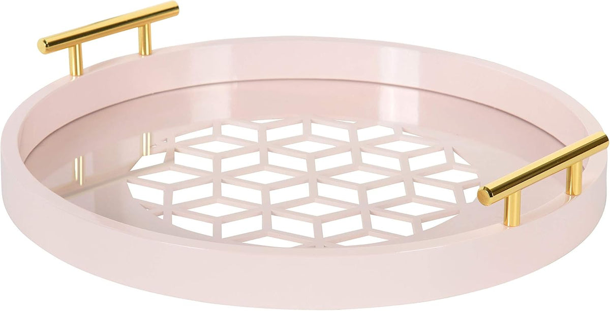 Pink Pack of 2 Decorative Round Tray with Gold Metal Handles T61898