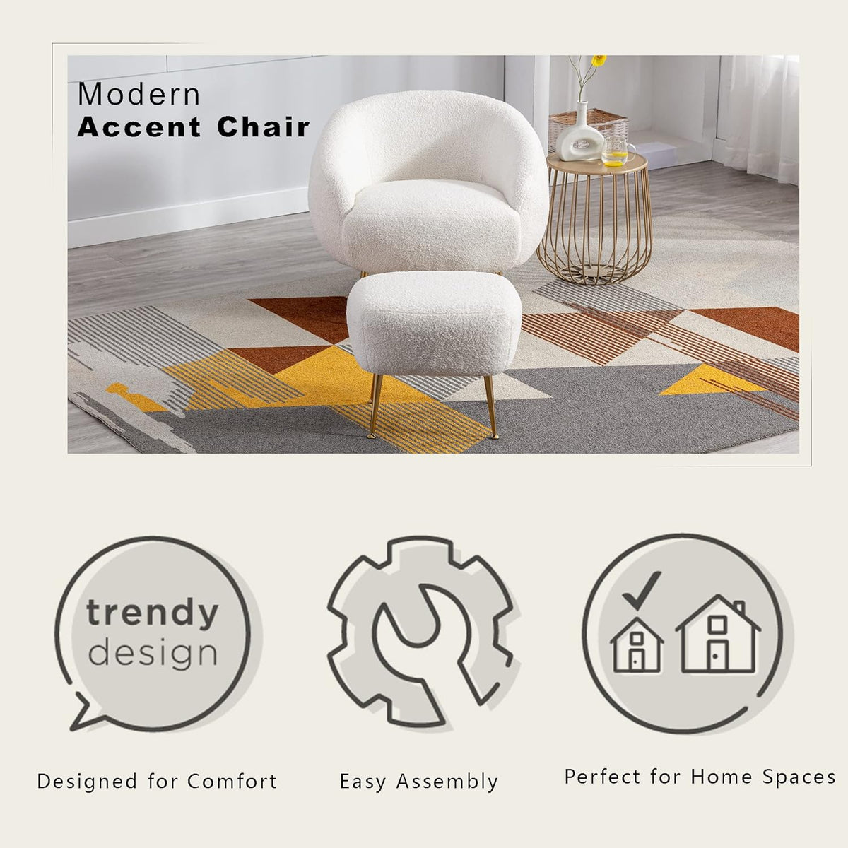 Modern Comfy Leisure Accent Chair With Ottoman Teddy Short Plush Particle Velvet Sofa Armchair B33501