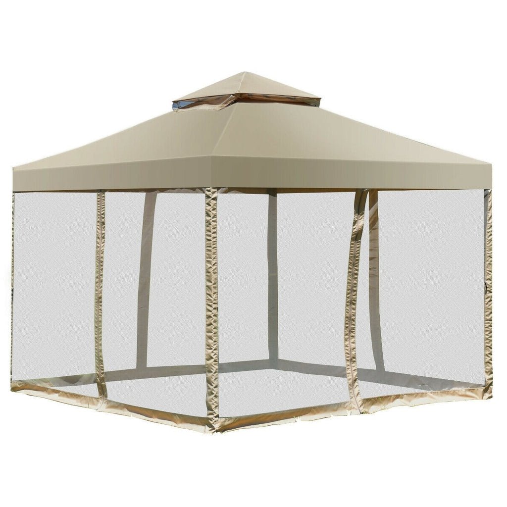 Tan Brown Polyester Gazebo with Mesh Side Walls P647901