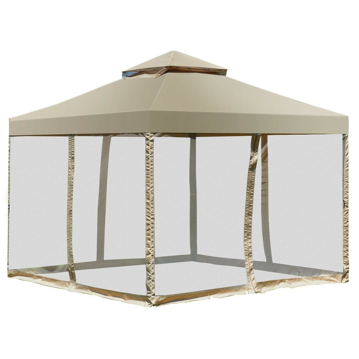 Tan Brown Polyester Gazebo with Mesh Side Walls P647901