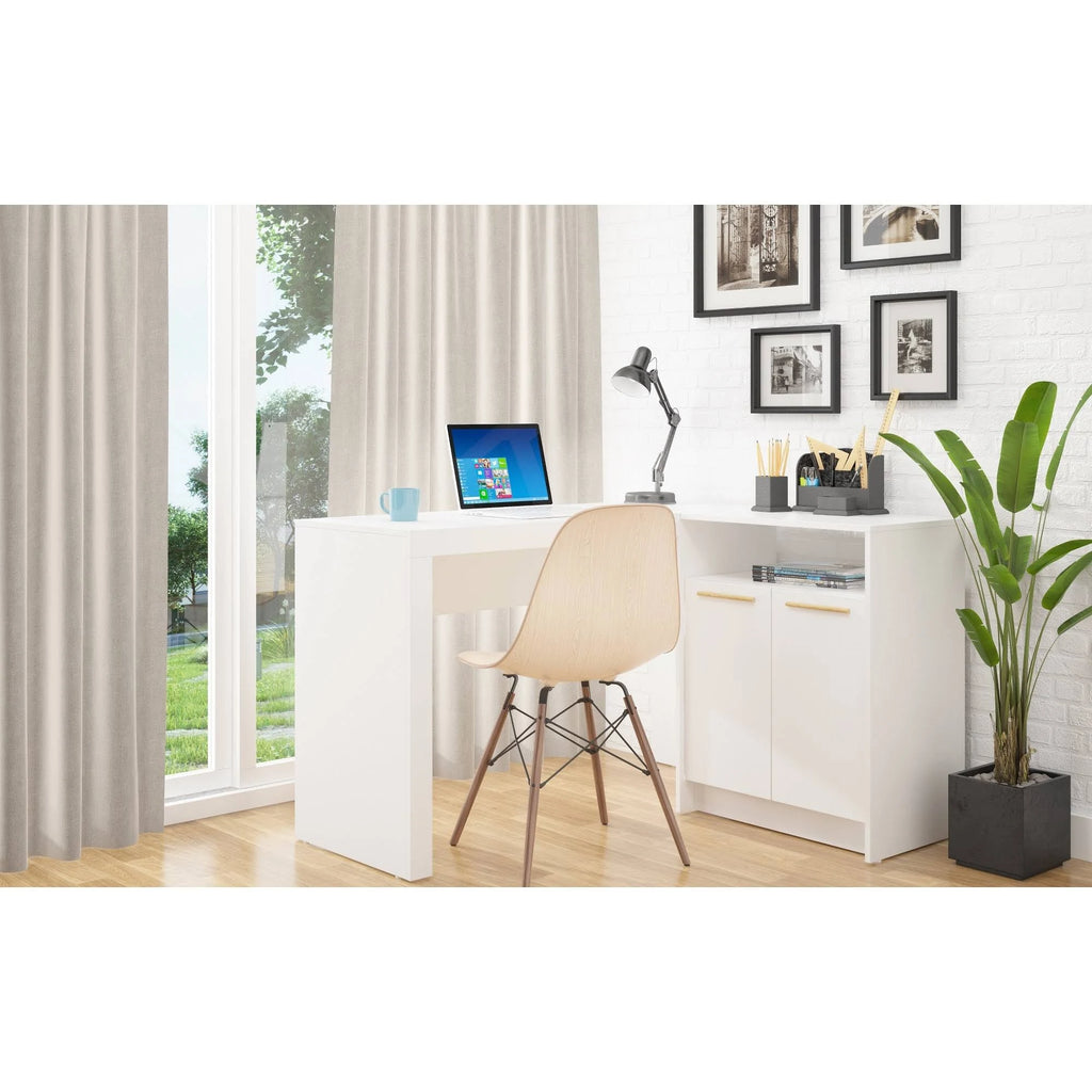 White L-Shaped Office Desk with Cabinet H6551