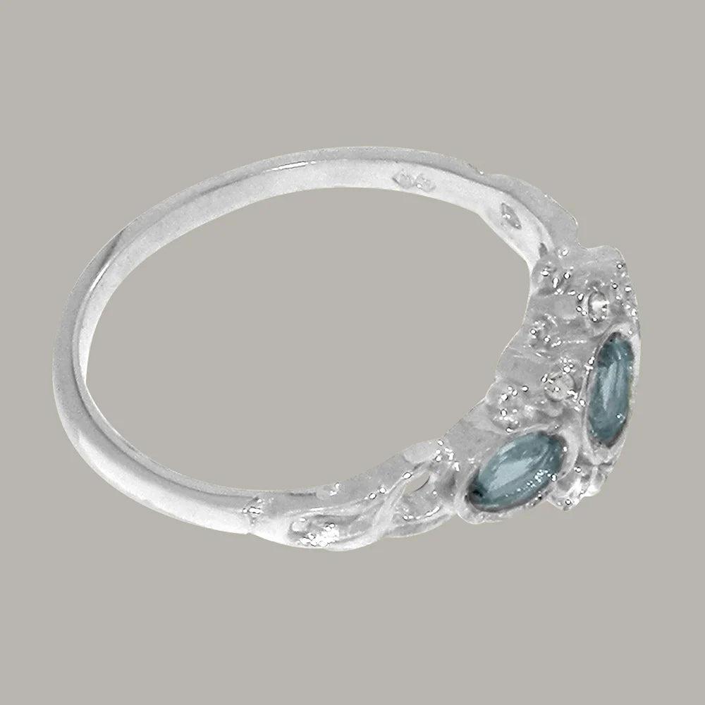 14k White Gold Genuine Natural Aquamarine & Diamond Ring N745