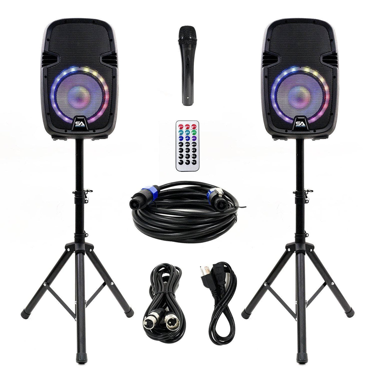 Powered 10 inch PA Speaker System with Stands, Bluetooth, LED Lights, Microphone W8664