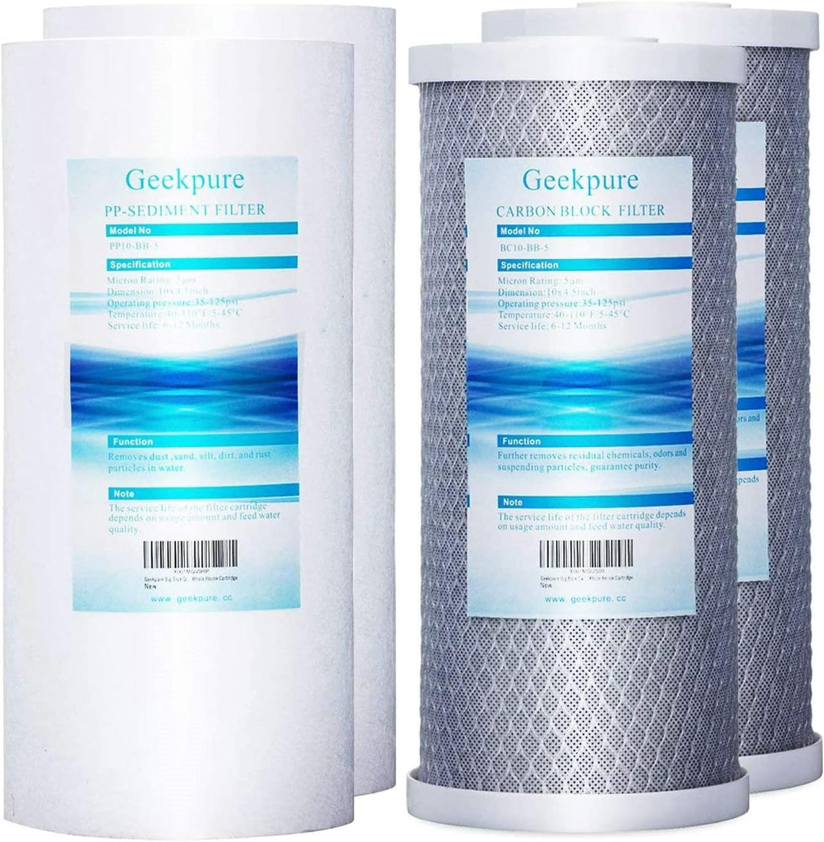 10 Inch Whole House Replacement Water Filters Set with PP Sediment and Carbon Block, 5 Micron, Pack of 2 A166