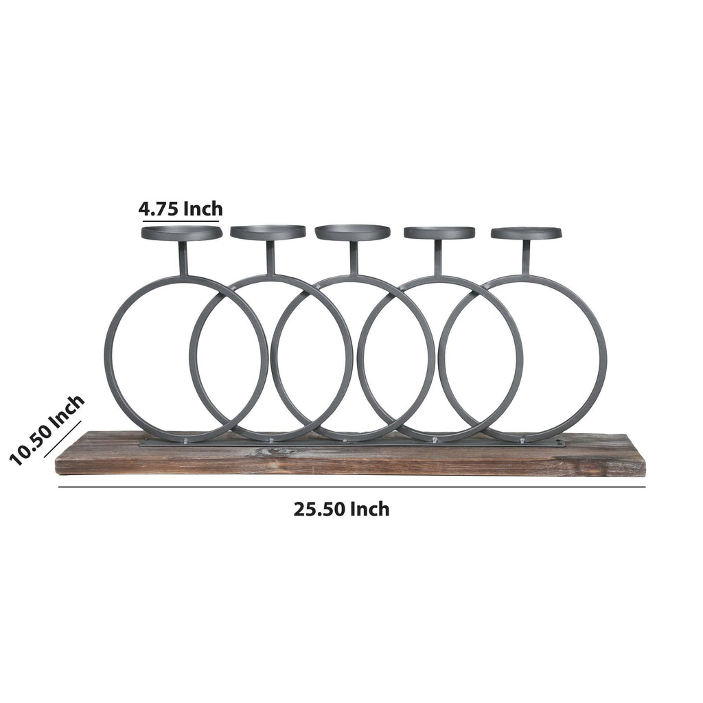 Gray and Brown Wood and Metal Candle Holder with Interlocking 5 Rings W2975