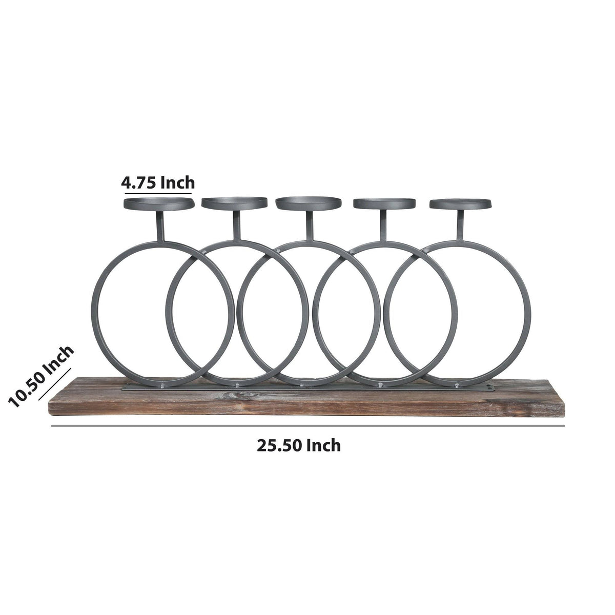 Gray and Brown Wood and Metal Candle Holder with Interlocking 5 Rings W2975