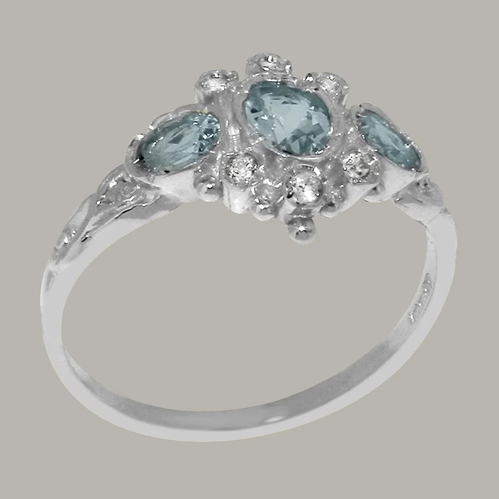 14k White Gold Genuine Natural Aquamarine & Diamond Ring N745