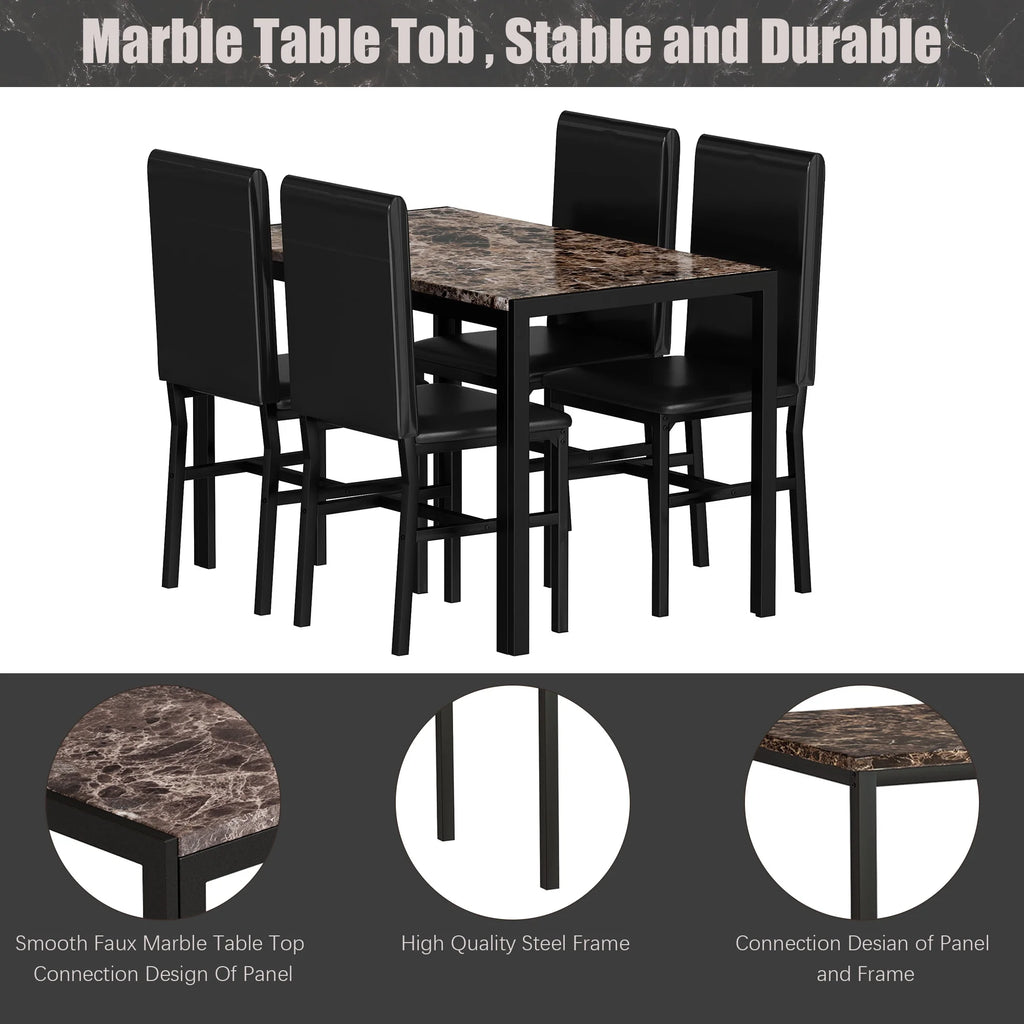 5 Piece Faux Marble Rectangular Dining Table Set with 4 Upholstered Metal Chairs W9041
