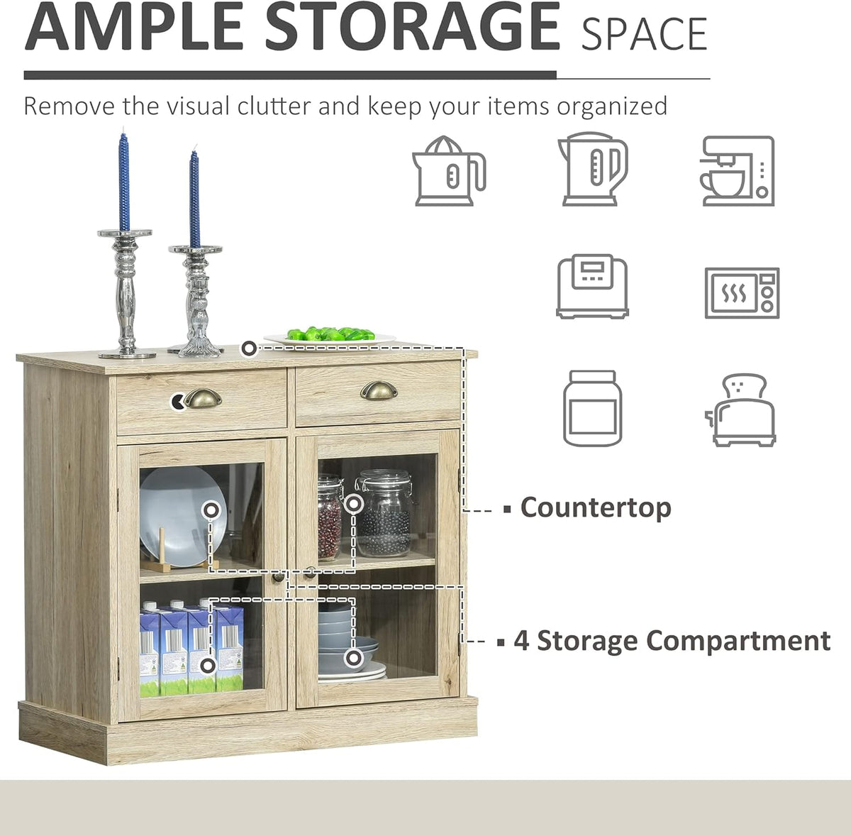 Rustic Oak Sideboard Storage Cabinet with 2 Glass Doors and 2 Drawers O86163