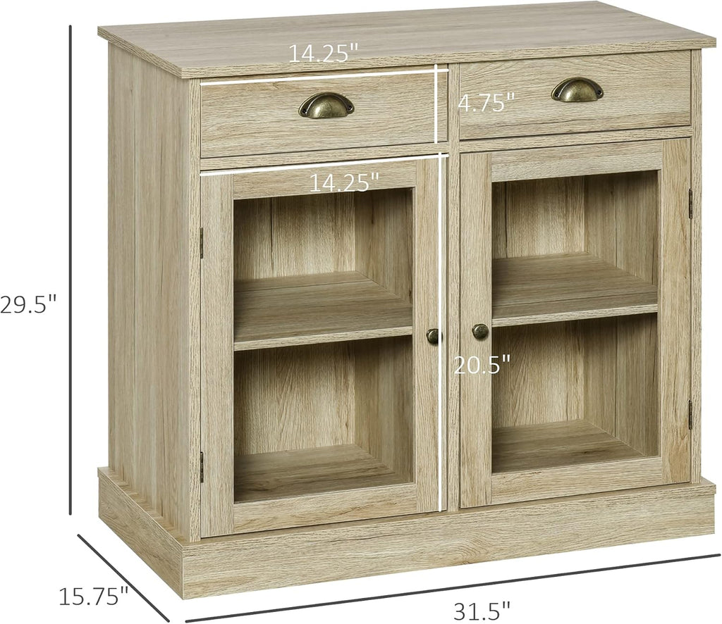Rustic Oak Sideboard Storage Cabinet with 2 Glass Doors and 2 Drawers O86163
