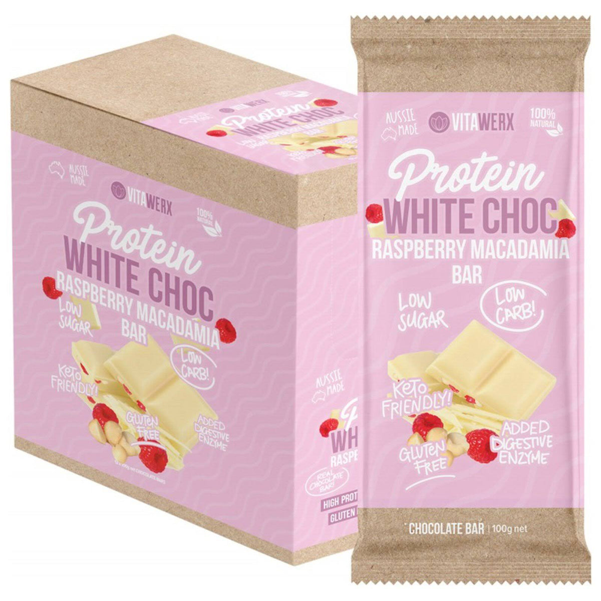 Protein White Chocolate Bar Raspberry Macadamia (12x100g) S930