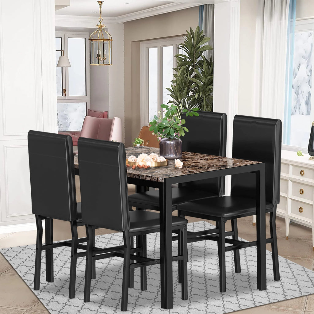5 Piece Faux Marble Rectangular Dining Table Set with 4 Upholstered Metal Chairs W9041