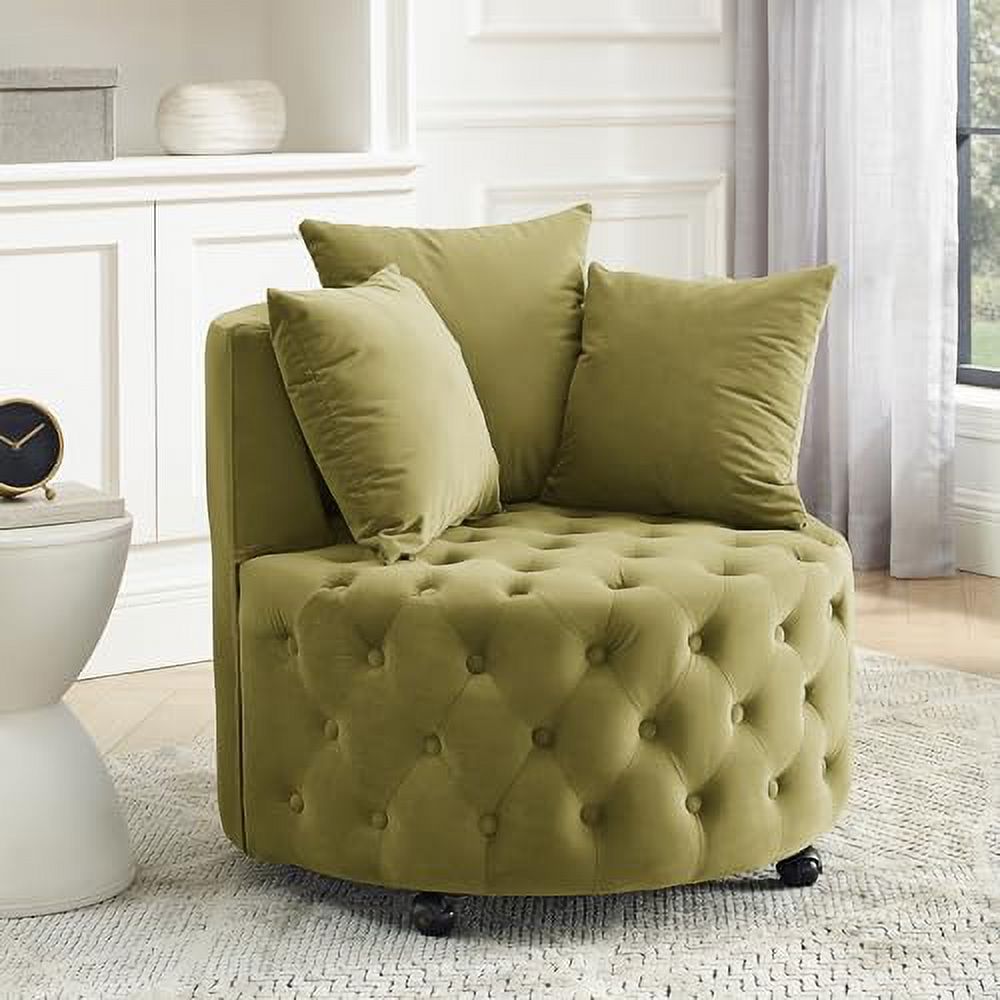 Pink Velvet Swivel Barrel Chair with 3 Pillows and Wheels Q146