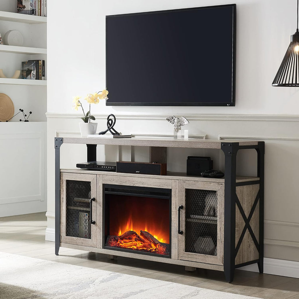 Dark Rustic Oak TV Stand with Metal Frame P96369