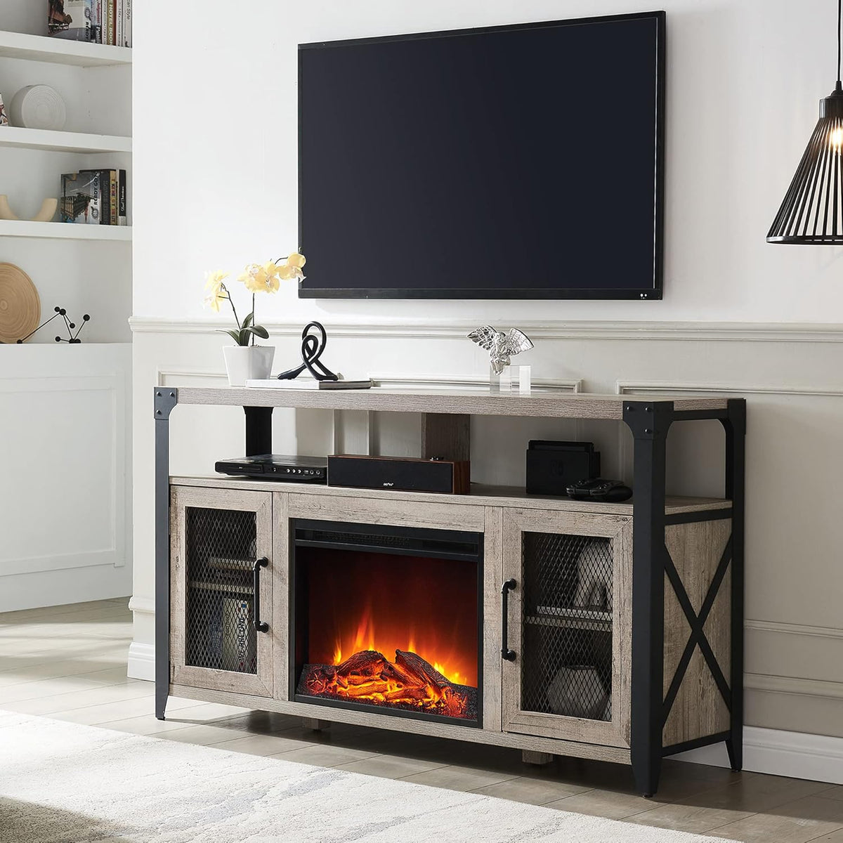 Dark Rustic Oak TV Stand with Metal Frame P96369
