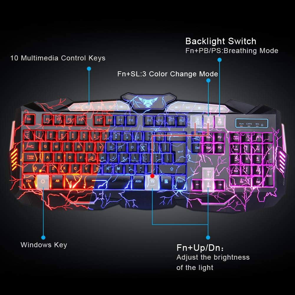 Gaming Keyboard Mouse Headset Combo, USB Wired Backlit Keyboard, 114 Keys LED Keyboard, Red LED Headset M806