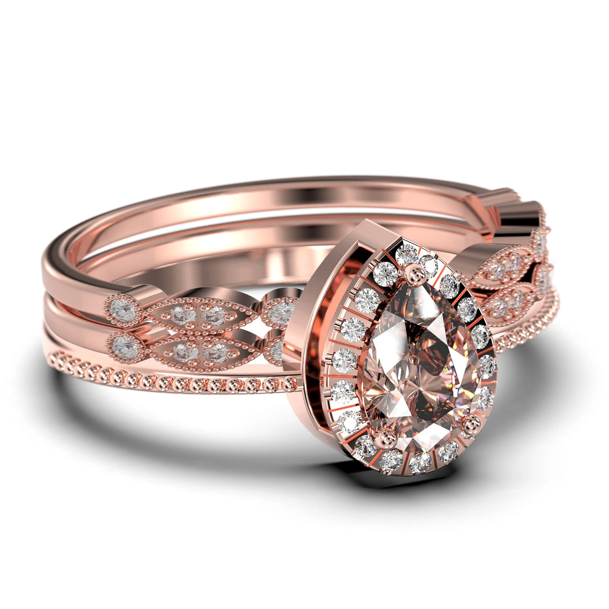 Vintage Pear Cut Morganite And Diamond Moissanite Engagement Ring Set in 925 Sterling Silver With 18k White Gold Plating J84270