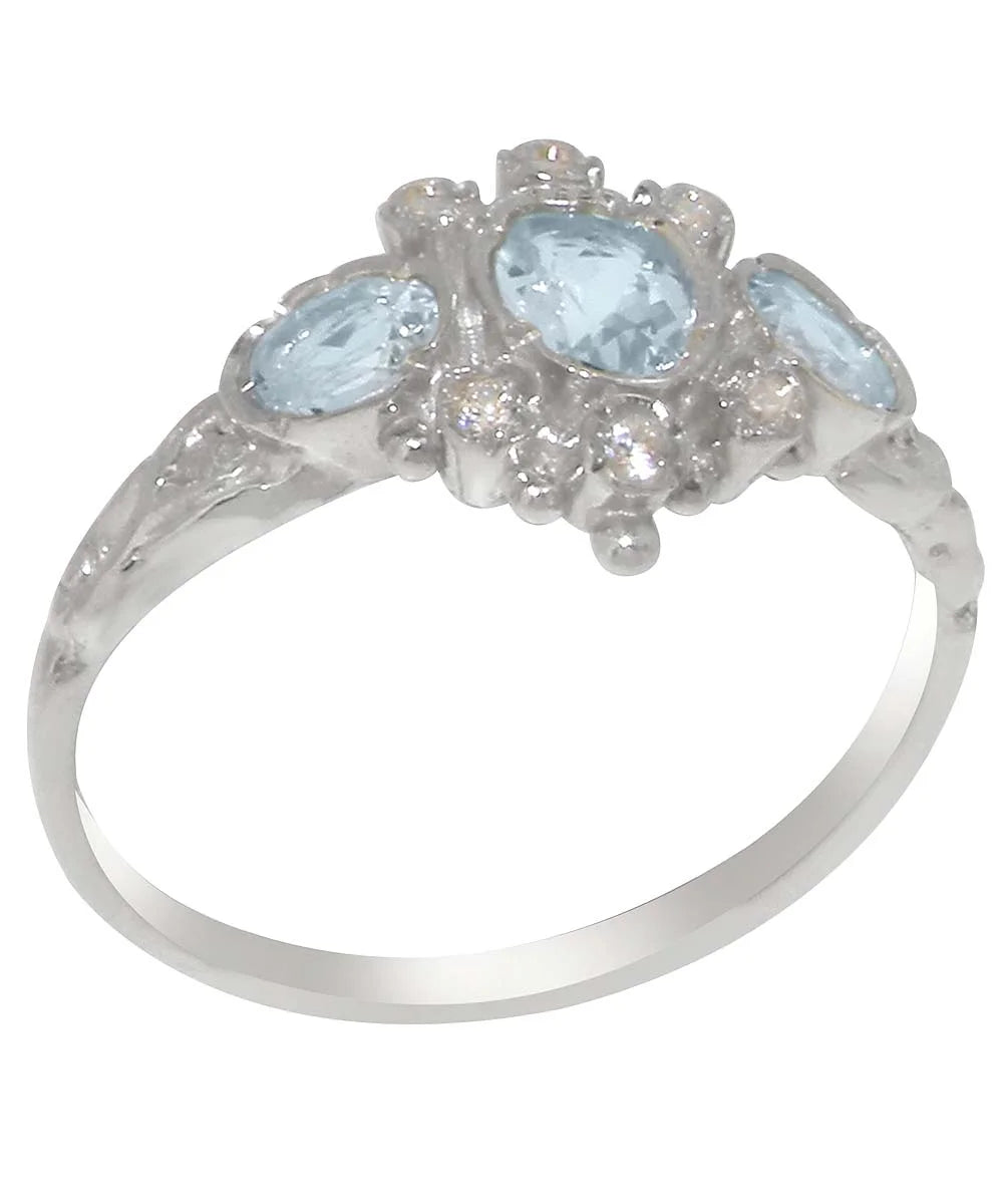 14k White Gold Genuine Natural Aquamarine & Diamond Ring N745